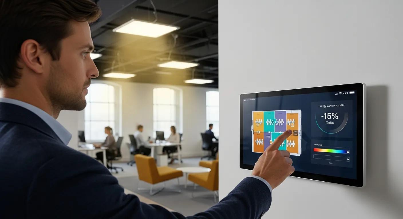 User interacting with smart lighting control system in a modern office, showcasing energy efficiency