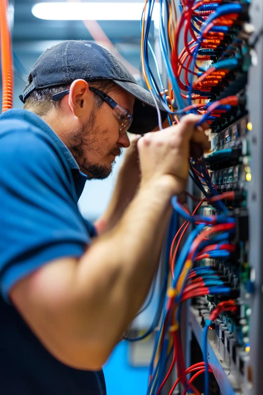 Technicians running cabling in office space