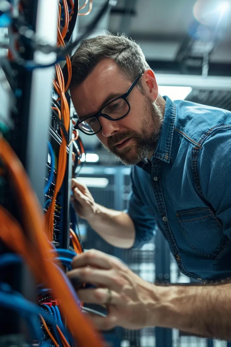 Technicians running cabling in office space