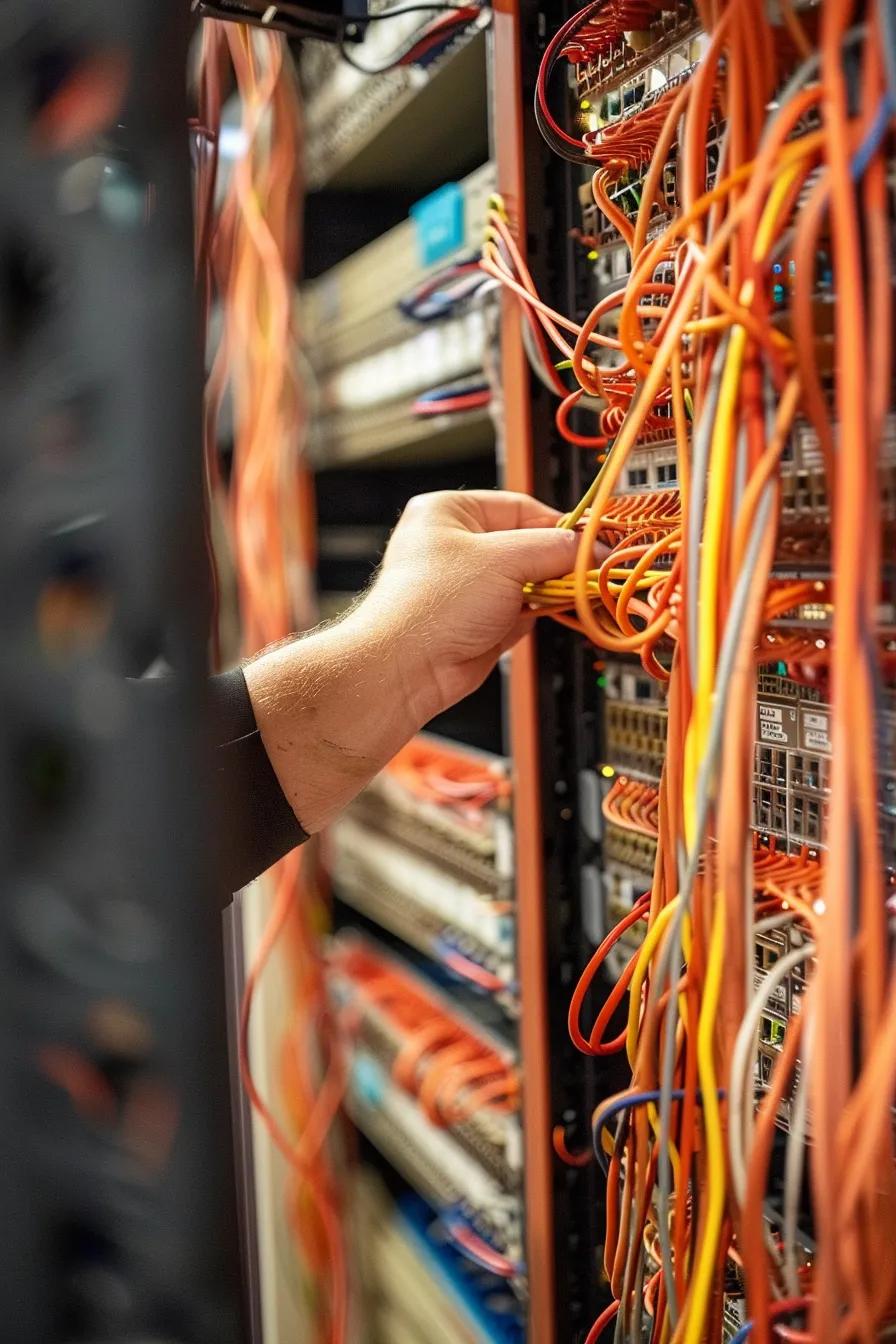 Structured network cabling installation with organized cables and technicians at work