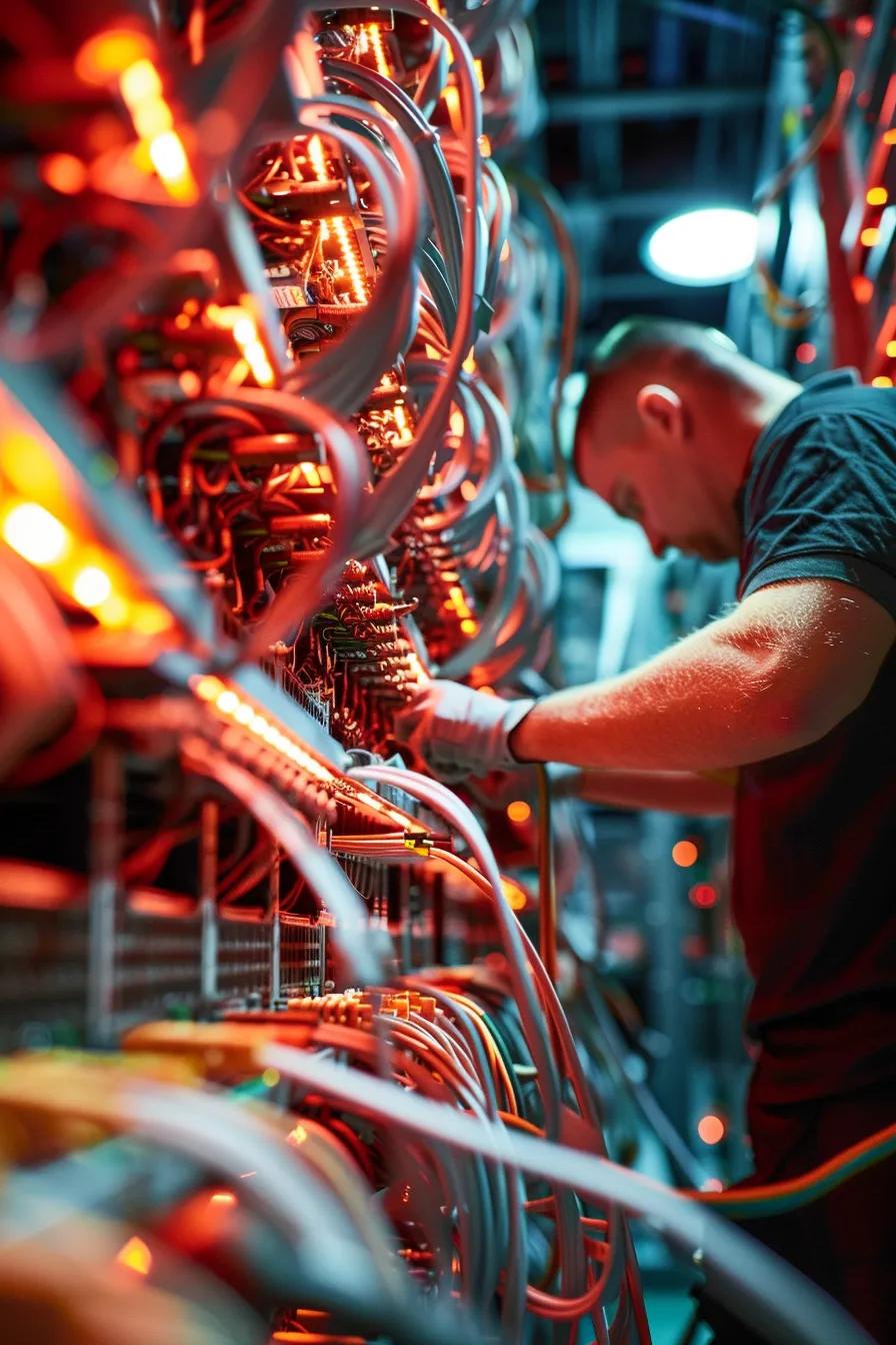 Fiber optic installation with technicians splicing cables in a data center environment