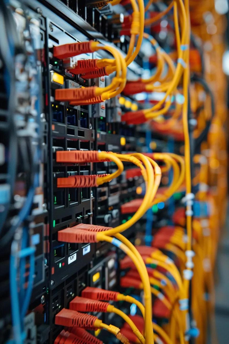 Assortment of multi-mode and single-mode fiber cables in a data center, demonstrating differences in core and application
