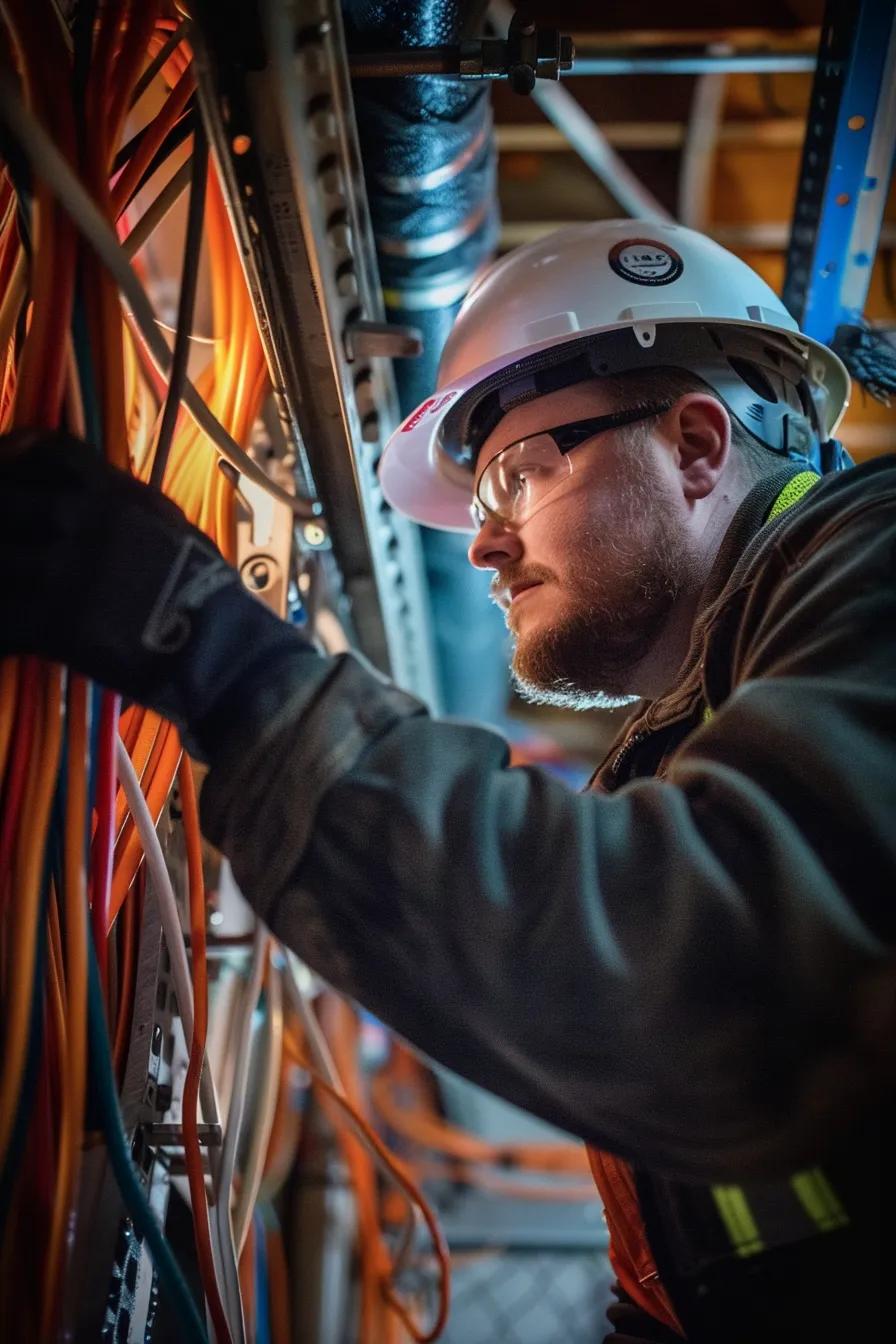 Technicians carrying out site survey, cable pulls, and testing during a professional fiber installation