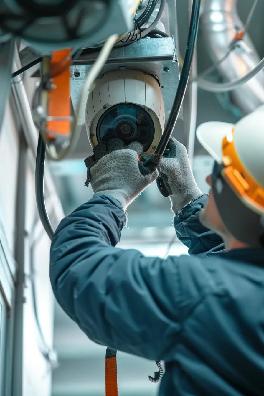 Technician cleaning and inspecting a CCTV camera during preventative maintenance