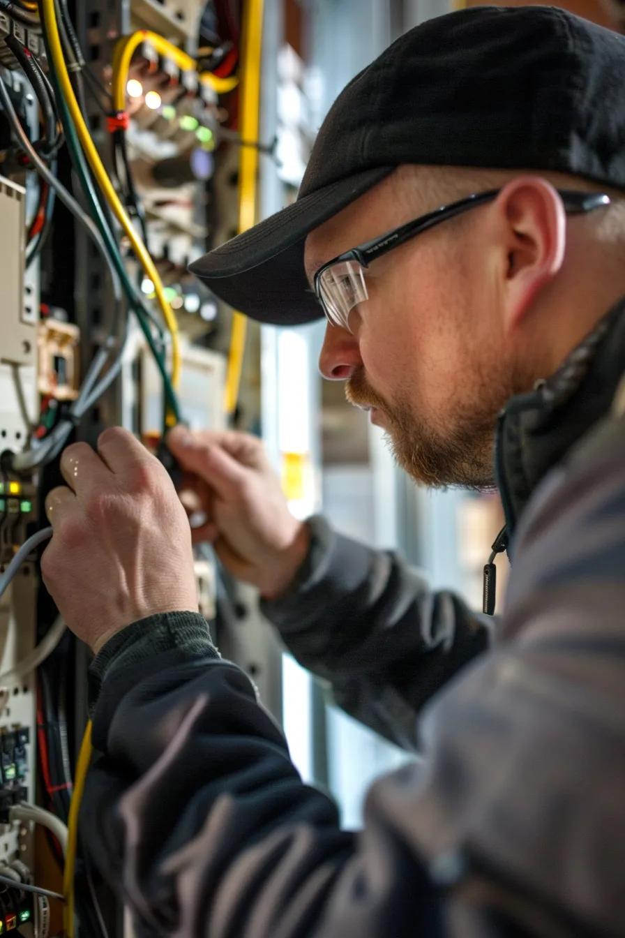 Technician inspecting structured cabling terminations and connections to verify correct installation