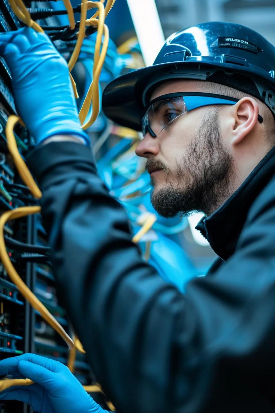 Technician installing network cabling to meet HIPAA compliance in a clinic