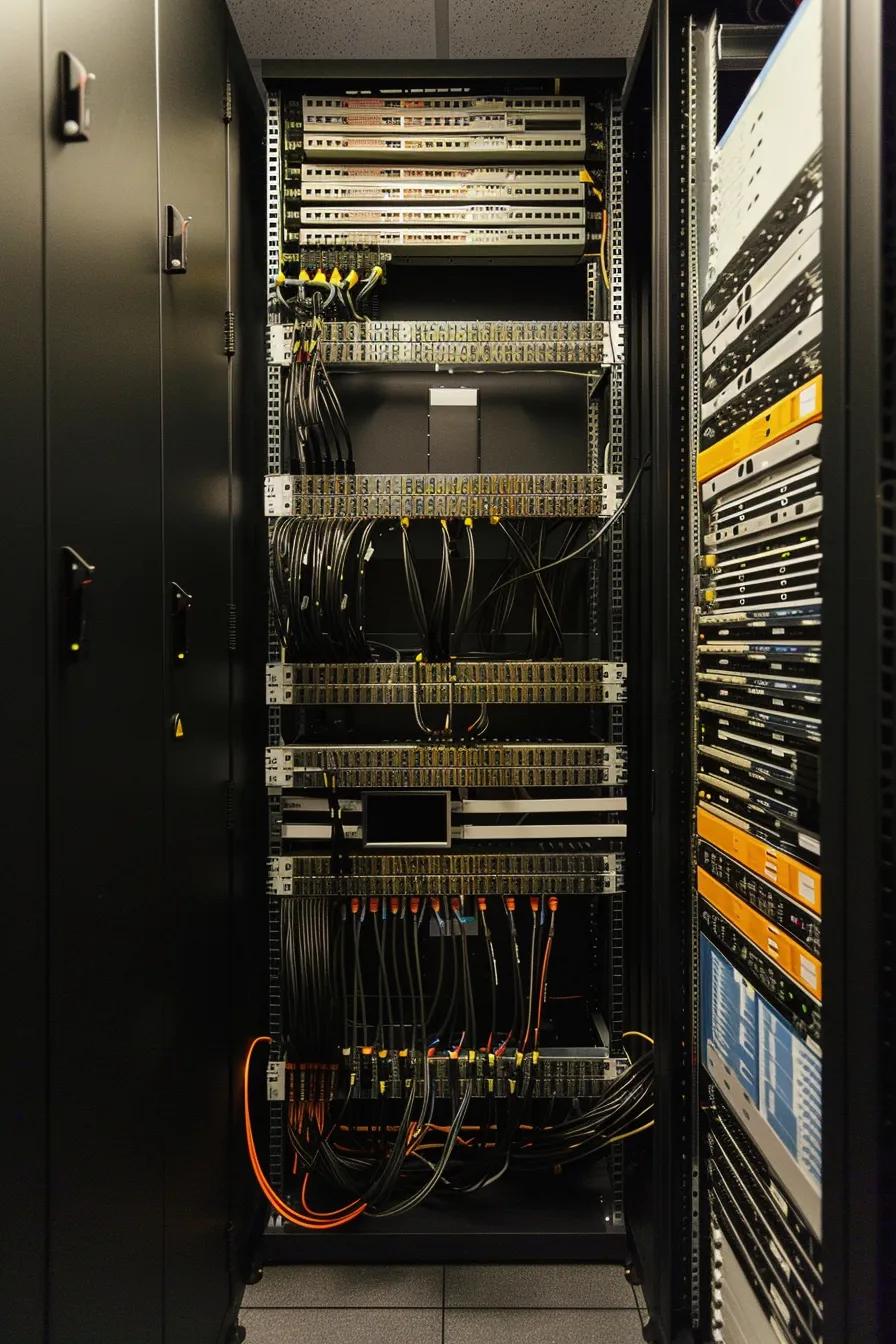 Organized telecom room with secure cabling and surveillance integration