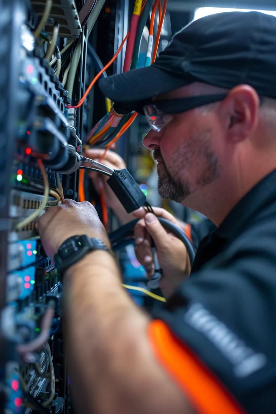 Technicians installing high‑speed fiber in a data center rack