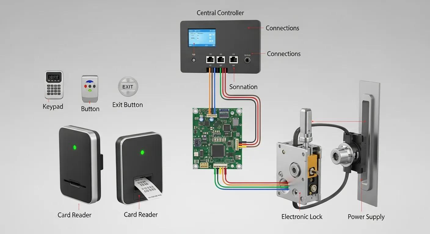 The essential components of an access control system, including card readers, electronic locks, and central controllers