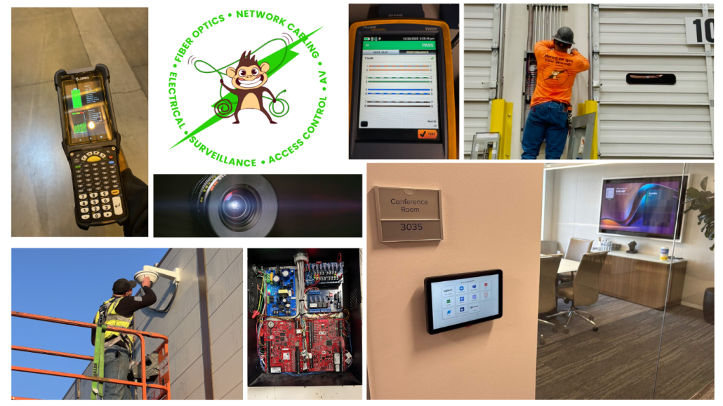 Collage of low-voltage and security services including a handheld network scanner, cable testing device showing pass results, technician working on wiring, security camera lens close-up, exterior camera installation, access control panel boards, touchscreen room control panel, and a modern conference room with integrated AV system. Company logo highlights fiber optics, network cabling, electrical, surveillance, and access control services.