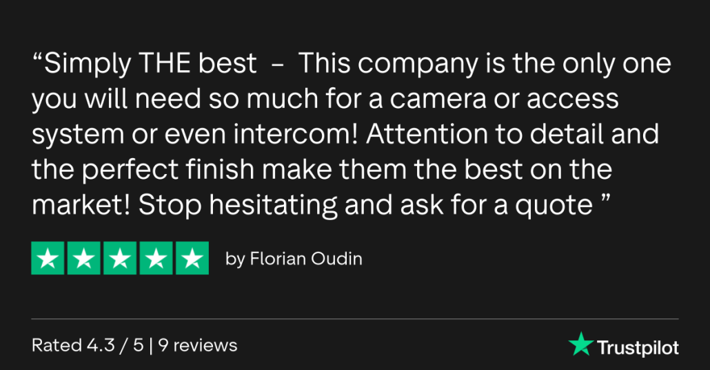 5-star Trustpilot review for Ring and Ping Inc praising surveillance, access control, and intercom installation services