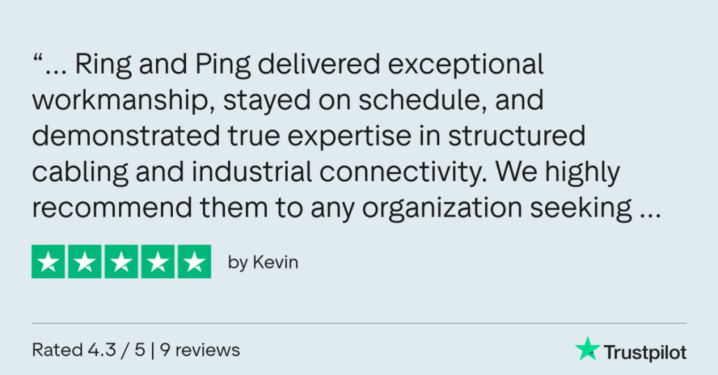 Trustpilot review of Ring and Ping Communications highlighting structured cabling expertise, industrial connectivity, and reliable project delivery.