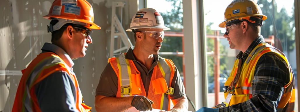 a trio of electricians in protective gear meticulously reviewing detailed written estimates in a sunlit orange county office, with electrical tools and charts prominently displayed, emphasizes the importance of transparency and informed decision-making in service pricing.