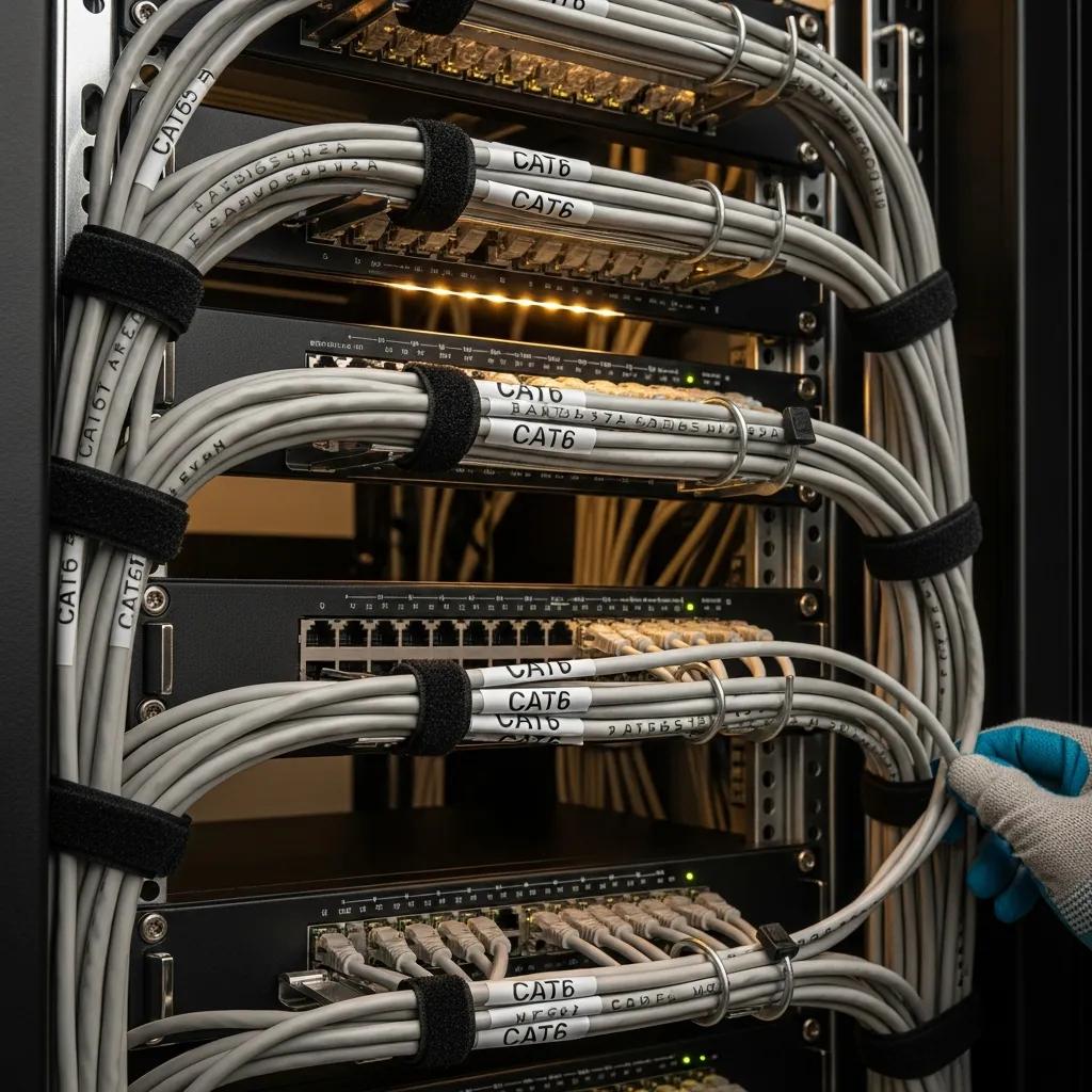 Close-up of CAT6 and CAT6A Ethernet cables organized in a network rack showcasing professional installation