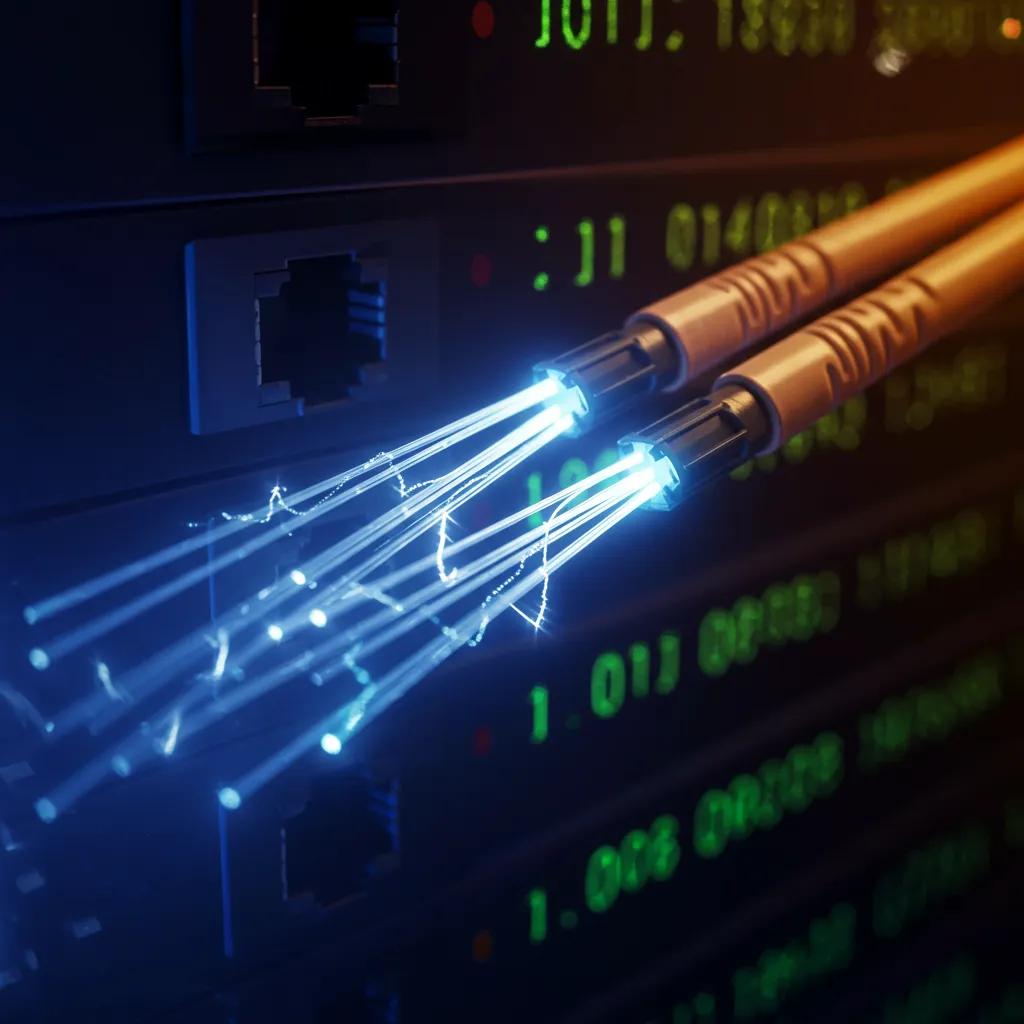 Detailed view of fiber optic cables with light beams illustrating enhanced data speed and bandwidth capabilities
