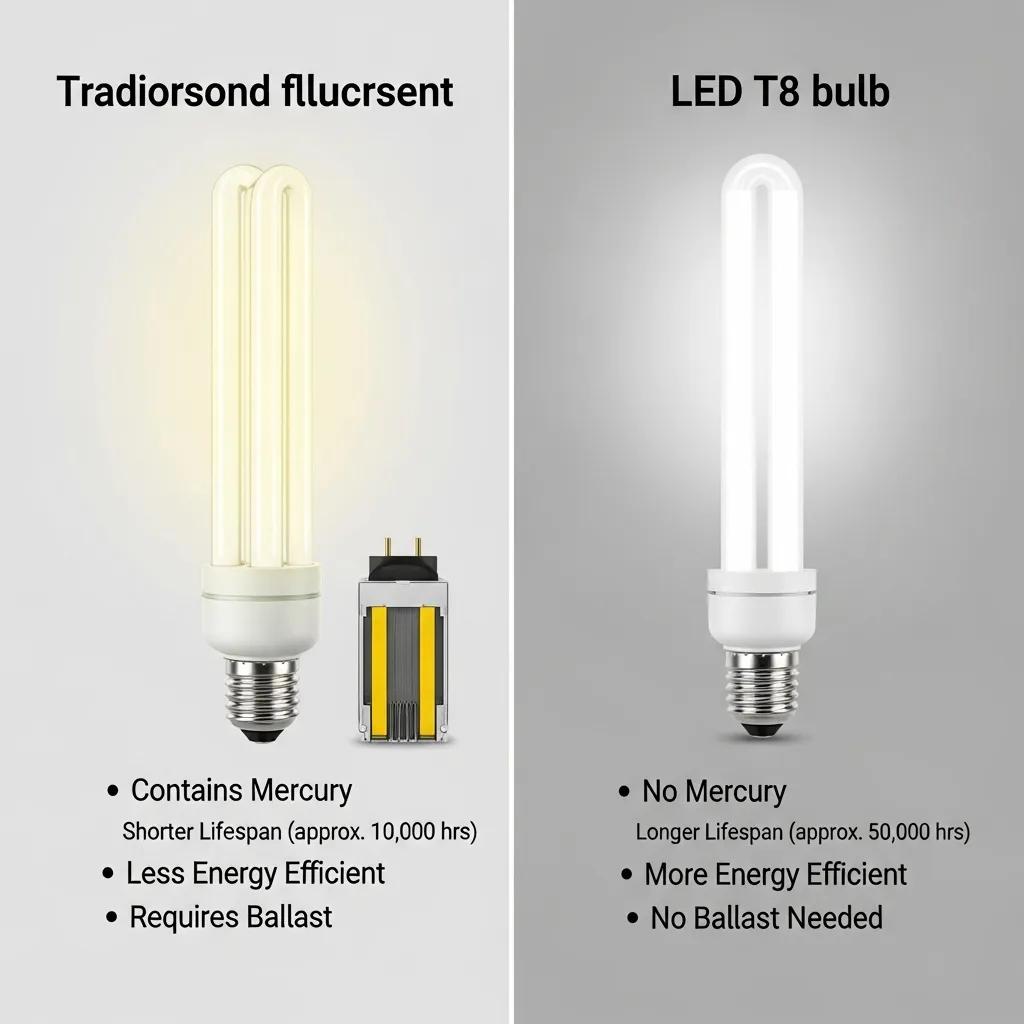 Comparison of traditional fluorescent bulb and modern LED bulb, highlighting energy efficiency