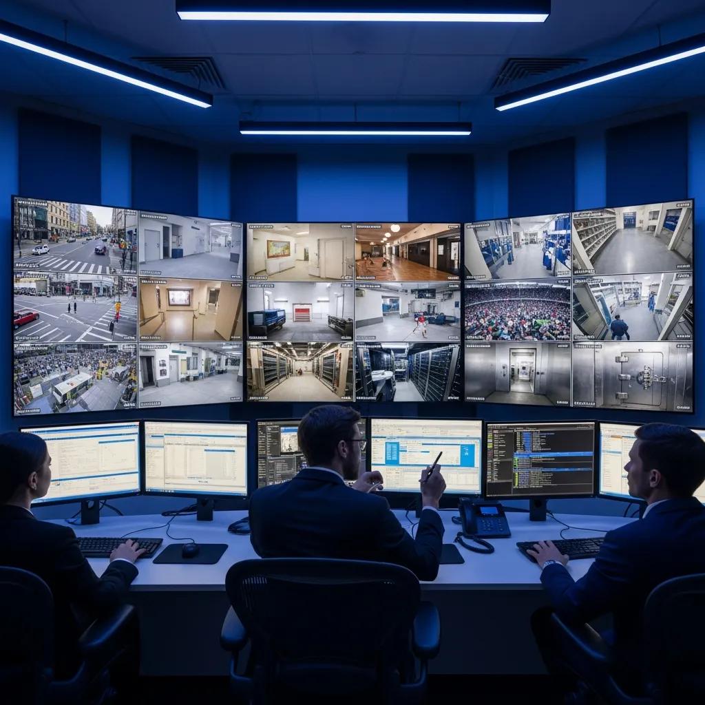 Control room with security personnel monitoring live feeds from IP cameras