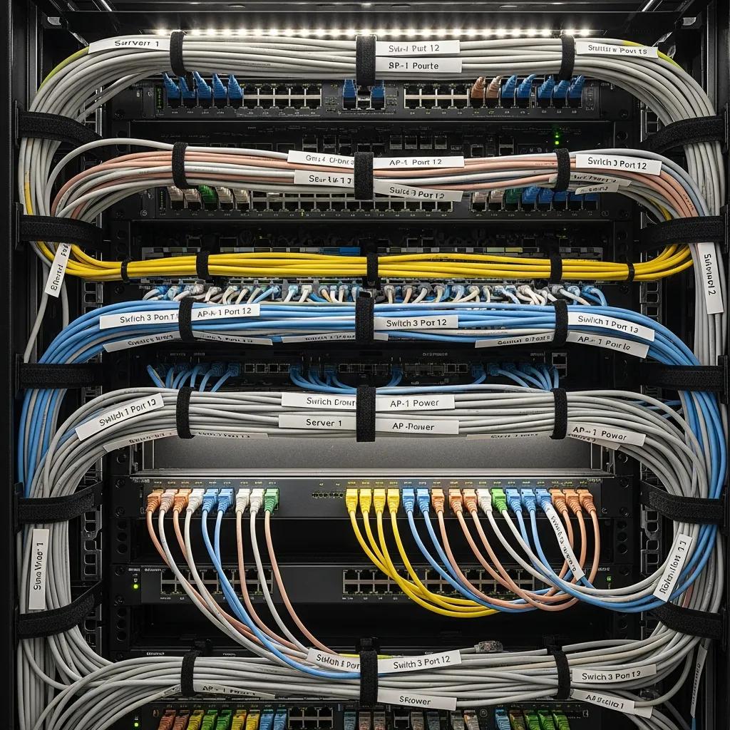 Effective cable management techniques in a network cabinet with organized and labeled cables