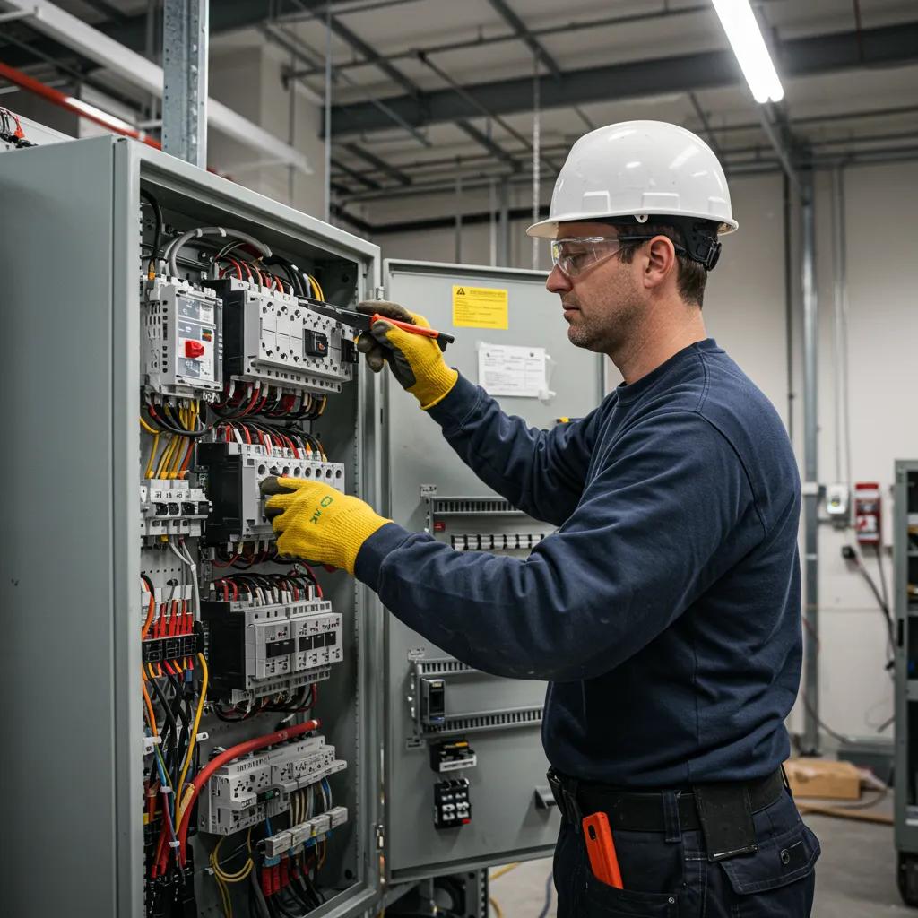 Electrician performing an upgrade on a commercial electrical panel, highlighting essential electrical contractor services