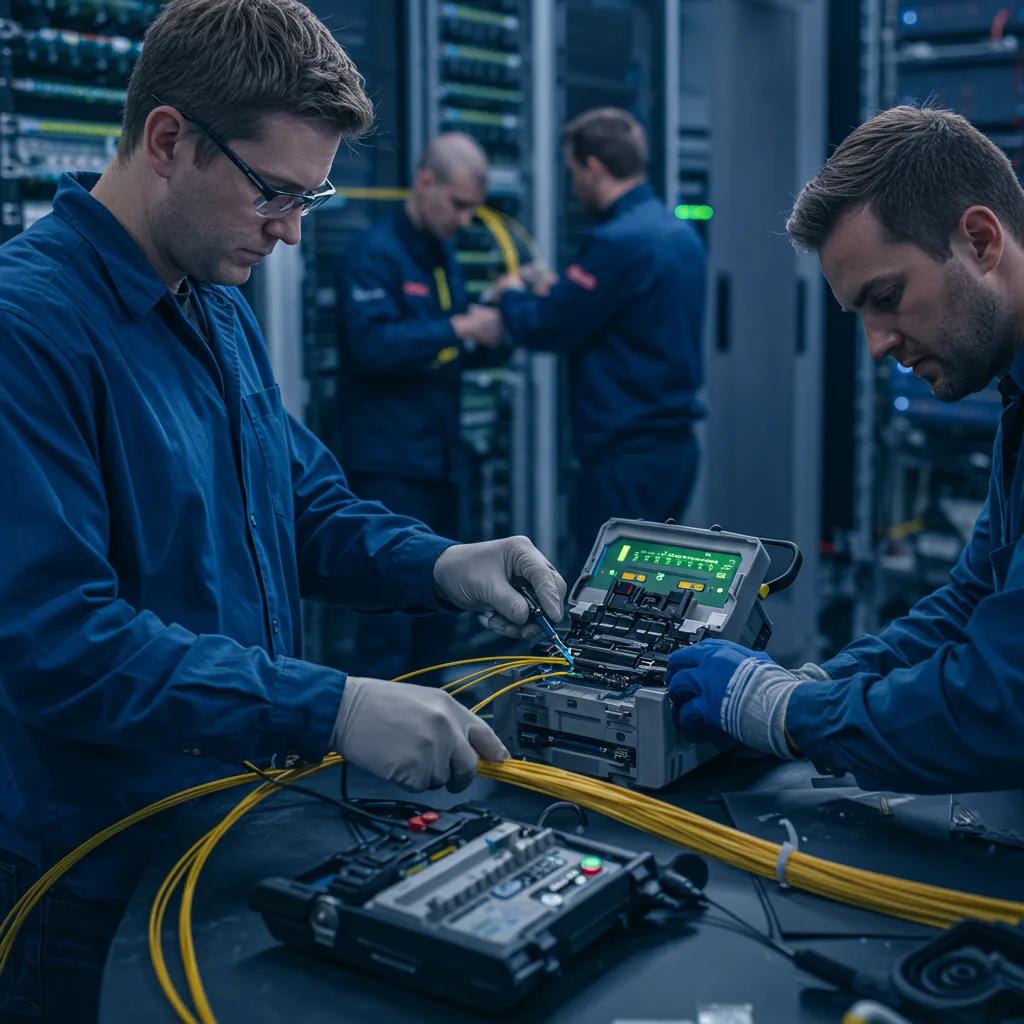 Fiber optic installation with technicians splicing cables in a data center environment