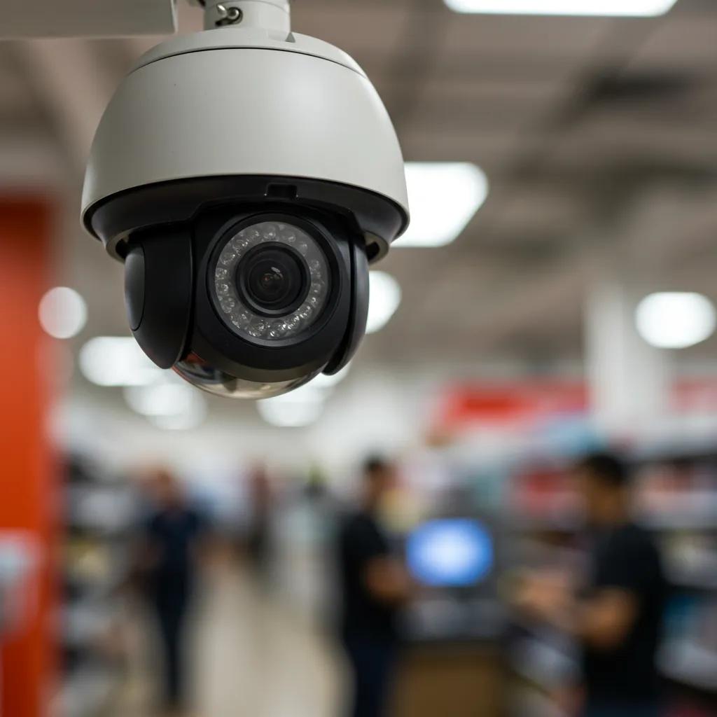 A high-definition commercial security camera in a retail environment, highlighting its features