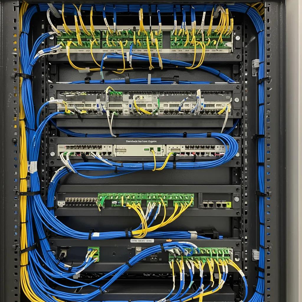 Neatly organized structured cabling system within a commercial environment, demonstrating efficient wiring and streamlined network management