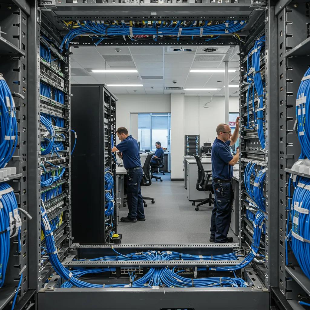 Structured network cabling installation with organized cables and technicians at work