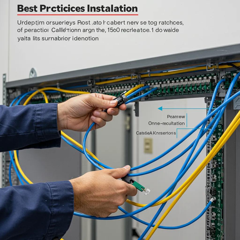 Technician demonstrating best practices for Cat6A cable installation in a commercial environment