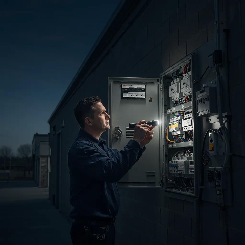 Technician inspecting electrical panel during power outage in commercial building, highlighting urgency of electrical issues
