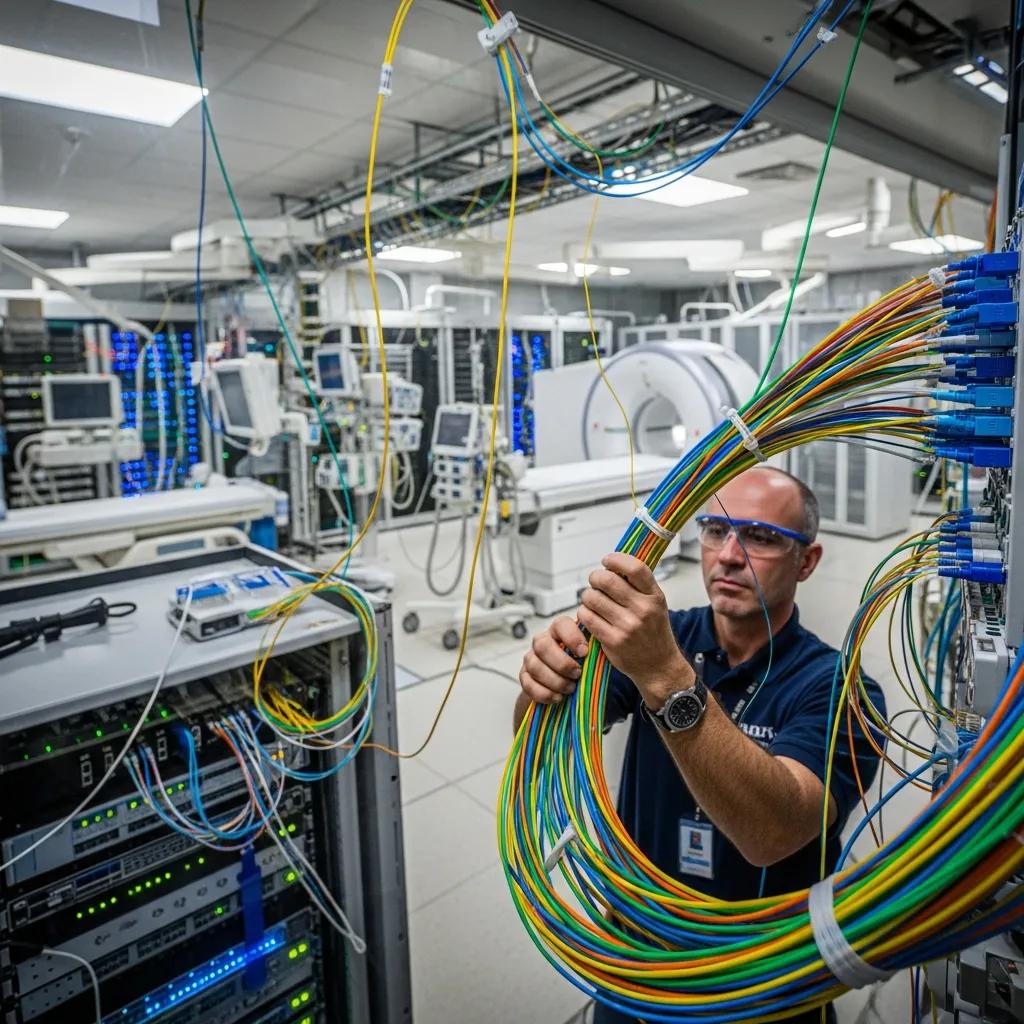 Installer routing fiber optic backbone cables inside a hospital telecommunications room