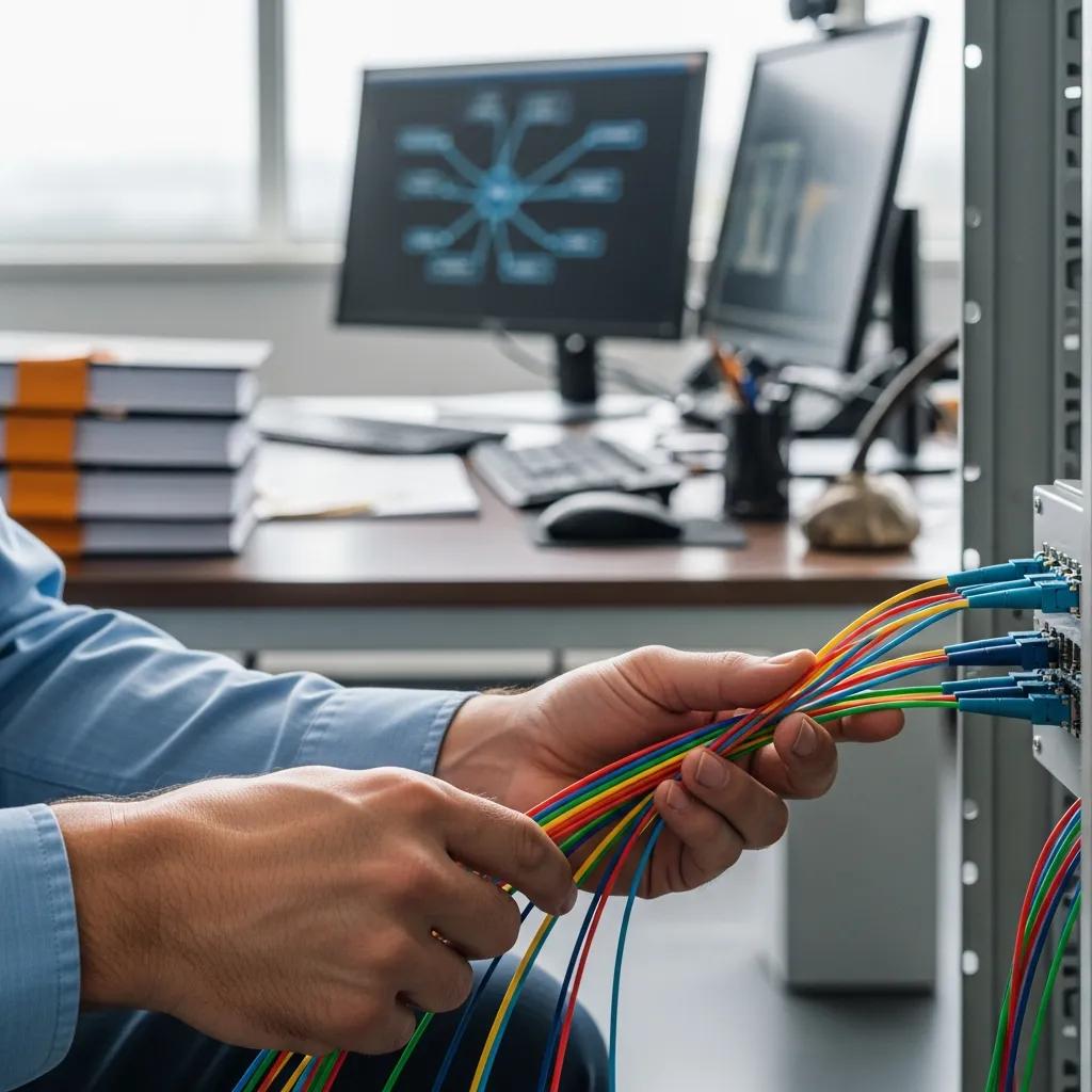 Technician installing fiber optic cabling in a law office to improve security and speed
