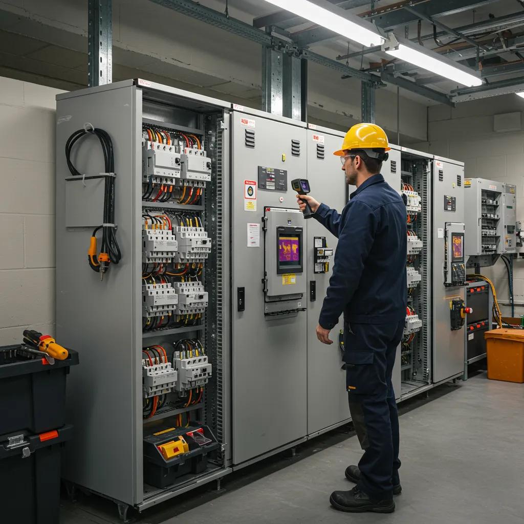 Technician using thermal imaging camera for preventative maintenance on electrical equipment in commercial setting