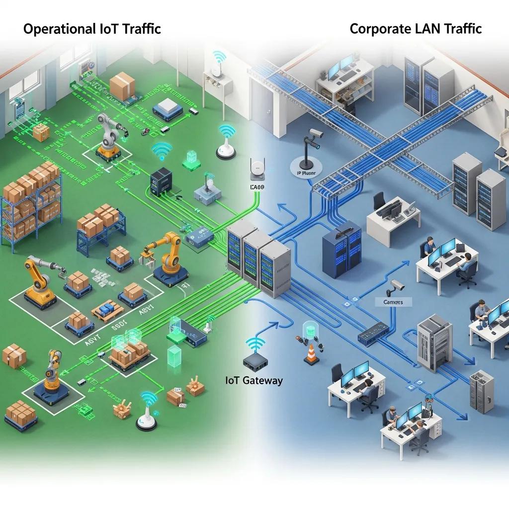 Warehouse showing separated IoT and corporate LAN traffic