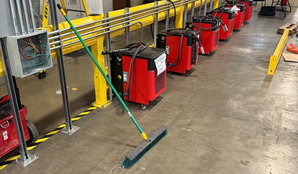 Side view of red machines next to yellow structure